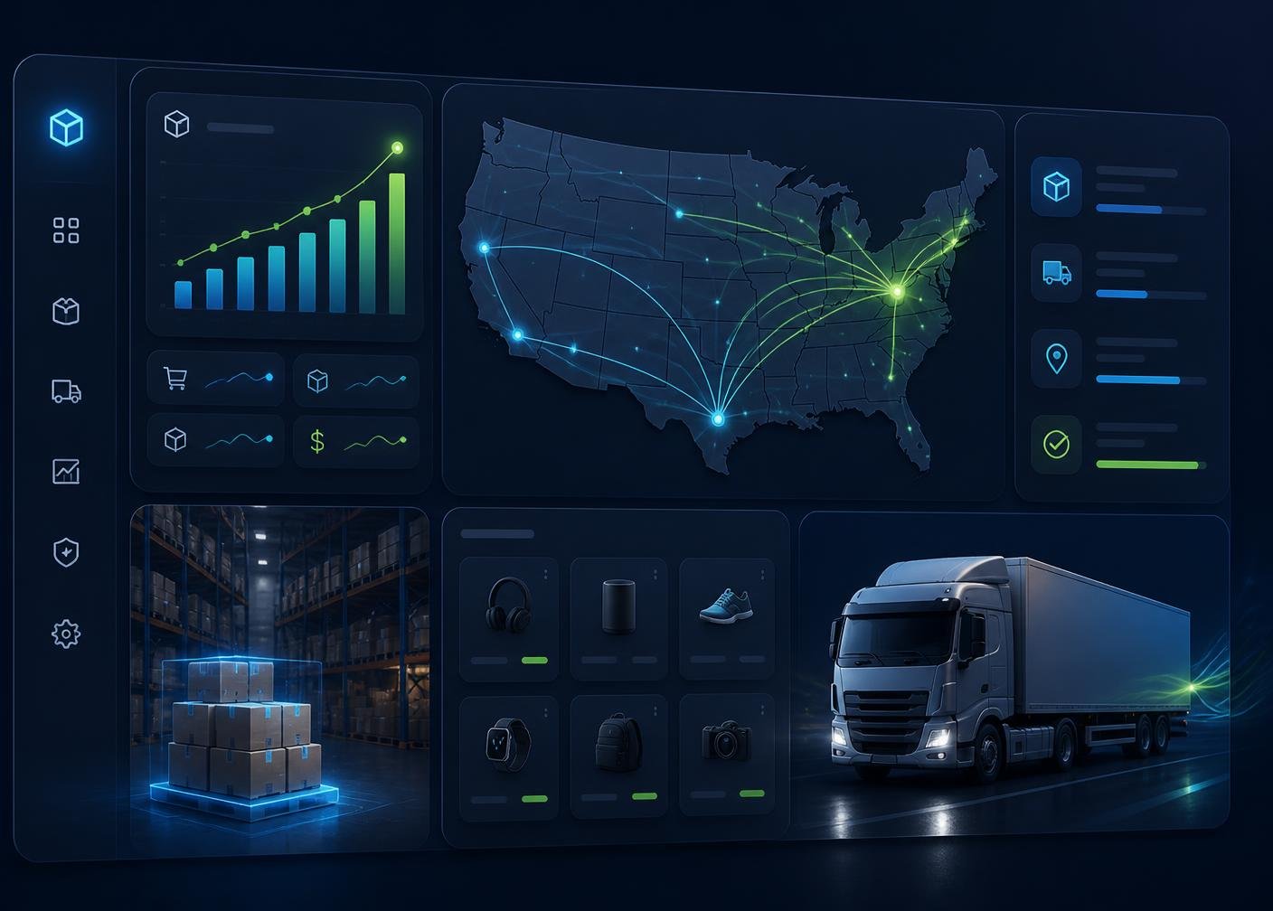 ZayedClothing warehouse dashboard showing US shipping routes, live order analytics, and same-day fulfillment